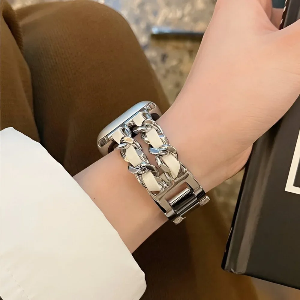 Apple Watch Band Luxury Adjustable Stylish Strap Silver Stainless Chain White